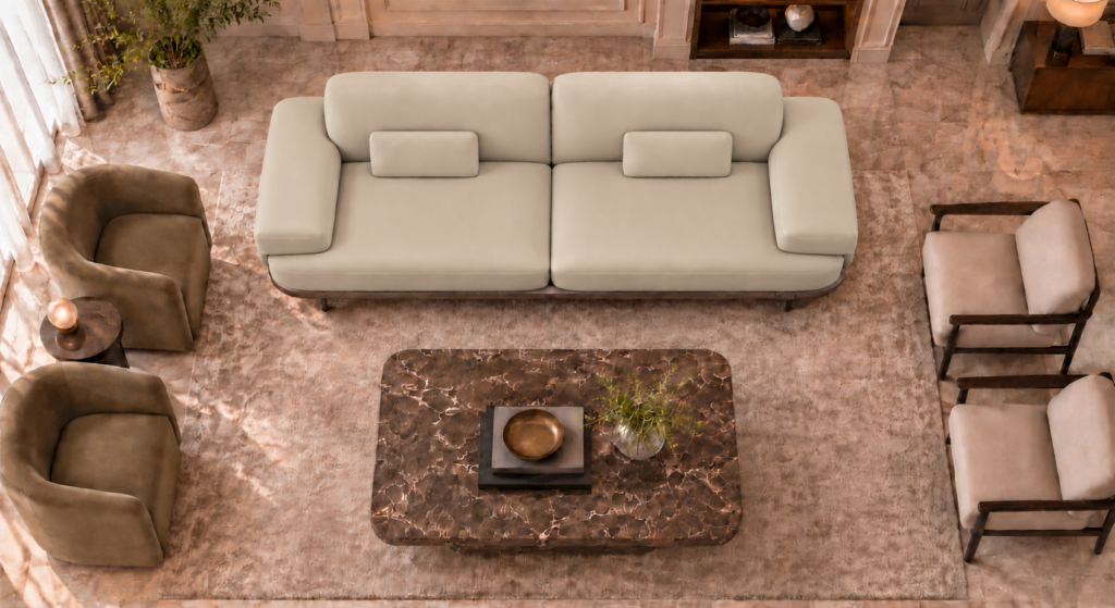 Top view of the Continentale sofa in beige Phantom 104 leatherette, showing two broad seats, wide padded arms, rectangular lumbar cushions and a teak finish base.