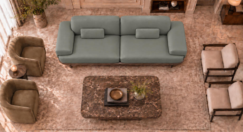 Top view of the Continentale sofa in grey-green Phantom 124 leatherette, with two broad seats, wide padded arms, matching rectangular lumbar cushions and a teak finish base.