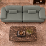 Top view of the Continentale sofa in grey-green Phantom 124 leatherette, with two broad seats, wide padded arms, matching rectangular lumbar cushions and a teak finish base.