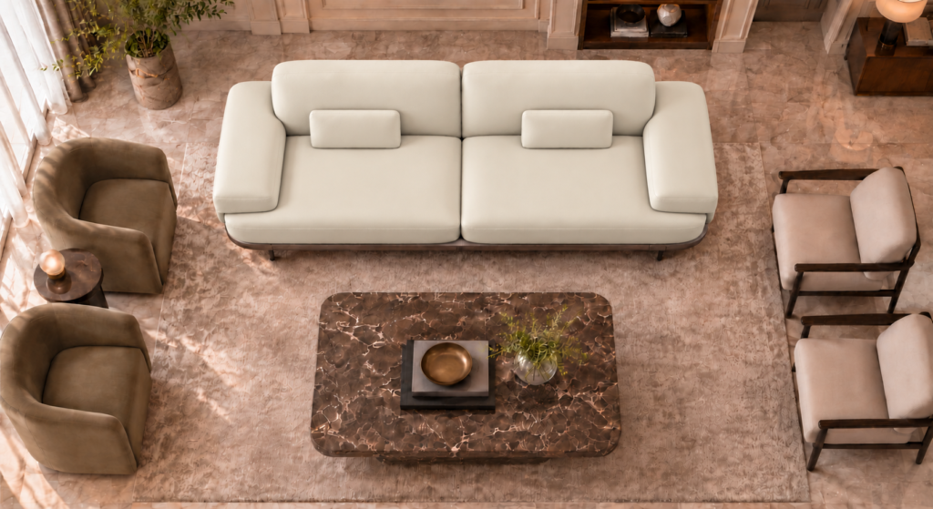 Top view of the Continentale sofa in ivory Phantom 102 leatherette, with two broad seats, wide padded arms, rectangular lumbar cushions and a teak finish base.