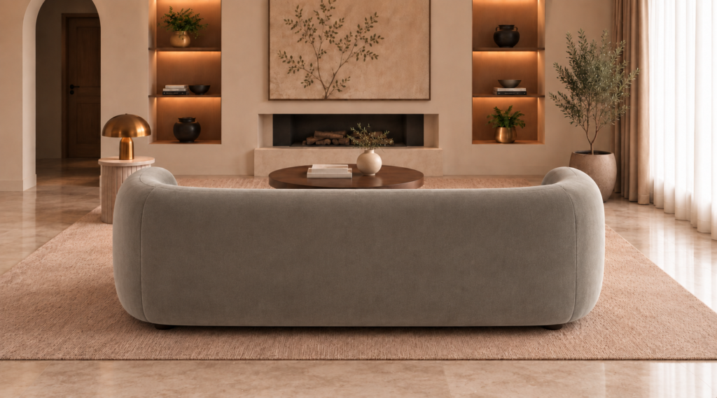 Rear view of the Formosa sofa upholstered in Giza 109 fabric, showing its continuous curved back, rounded ends and low-profile base.