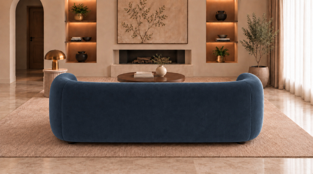 Rear view of the Formosa sofa upholstered in deep blue Giza 114 fabric, showing its continuous curved back, rounded ends and low-profile base.