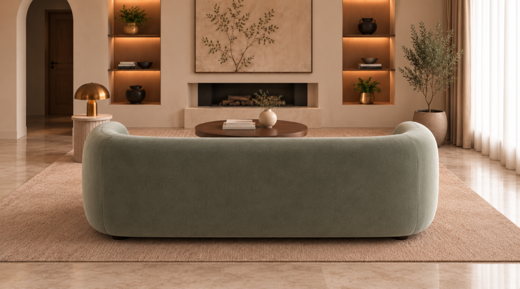 Rear view of the Formosa sofa in muted sage-green Giza 116 upholstery, showing its broad upholstered back, rounded sides and low dark feet.