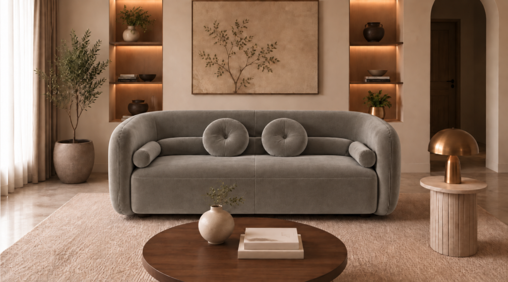 Front view of the Formosa sofa upholstered in Giza 109 fabric, featuring a continuous curved back, broad seating and coordinated round and bolster cushions.