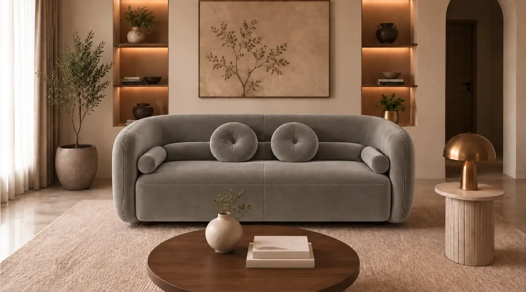 Front view of the Formosa sofa upholstered in Giza 109 fabric, featuring a continuous curved back, broad seating and coordinated round and bolster cushions.