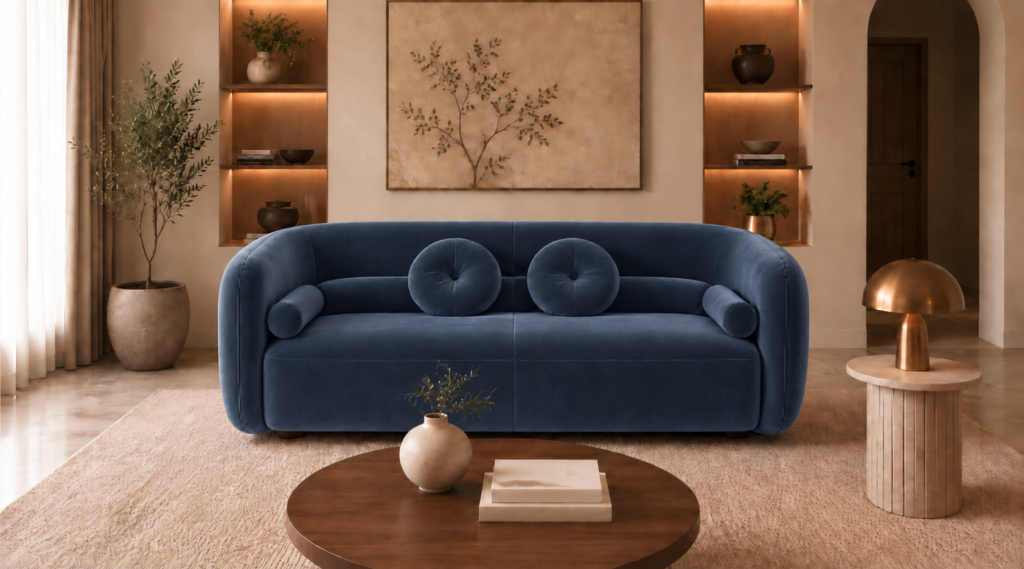 Front view of the Formosa sofa upholstered in deep blue Giza 114 fabric, featuring a continuous curved back, broad seating and matching round and bolster cushions.