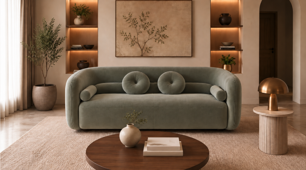 Front view of the Formosa sofa in sage-green Giza 116 upholstery, with rounded arms, a broad seat, two round cushions and cylindrical side bolsters.