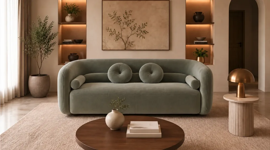 Front view of the Formosa sofa in sage-green Giza 116 upholstery, with rounded arms, a broad seat, two round cushions and cylindrical side bolsters.