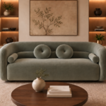 Front view of the Formosa sofa in sage-green Giza 116 upholstery, with rounded arms, a broad seat, two round cushions and cylindrical side bolsters.