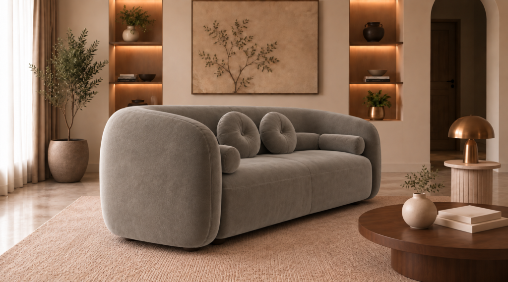 Angled side view of the Formosa sofa upholstered in Giza 109 fabric, showing its continuous curved back, rounded arms and coordinated cushions.