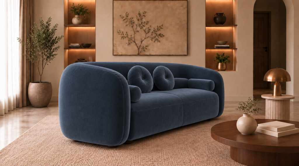 Angled side view of the Formosa sofa upholstered in deep blue Giza 114 fabric, showing its continuous curved back, rounded arms and matching cushions.