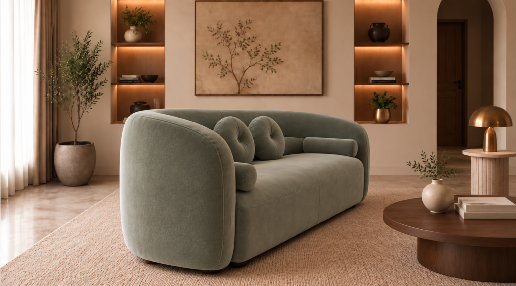 Angled side view of the Formosa sofa in sage-green Giza 116 upholstery, showing its rounded outer arm, wraparound back and matching cushions.