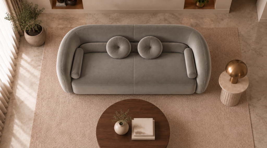 Top view of the Formosa sofa upholstered in Giza 109 fabric, featuring a continuous curved back, broad bench seating and matching bolster cushions.