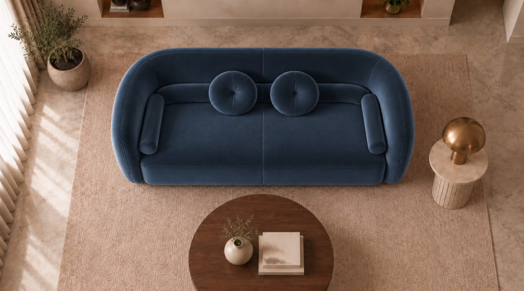 Top view of the Formosa sofa in deep blue Giza 114 upholstery, with a rounded wraparound back, two circular cushions and cylindrical side bolsters.