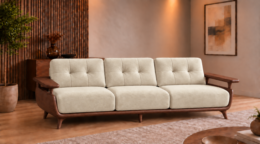 Front view of the Grand Turismo Dark Wood three-seater sofa in cream Aston 904 patterned fabric, with stitched back cushions, broad wooden armrests, curved side panels and tapered legs.