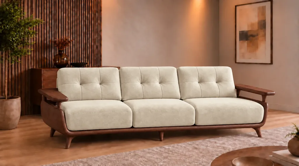 Front view of the Grand Turismo Dark Wood three-seater sofa in cream Aston 904 patterned fabric, with stitched back cushions, broad wooden armrests, curved side panels and tapered legs.