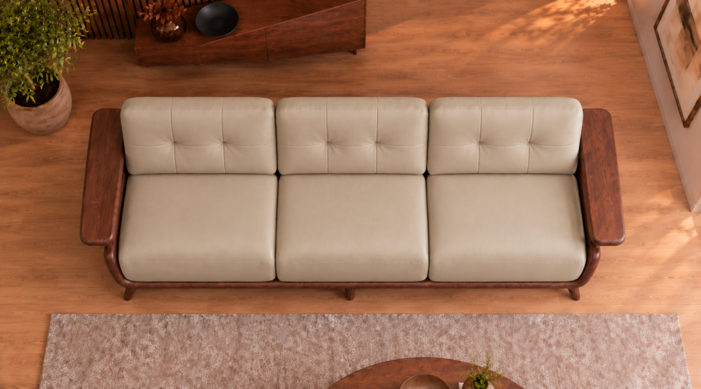 Front view of the Grand Turismo Dark Wood three-seater sofa with light beige leatherette cushions, rectangular backrest stitching, broad wooden armrests, curved side panels and tapered legs.