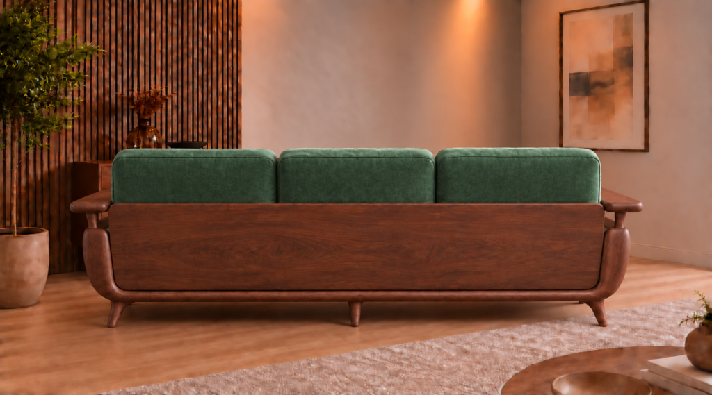 Rear view of the Grand Turismo Dark Wood sofa with three forest green Aston 921 patterned back cushions, a broad wooden back panel, rounded armrests, curved supports and tapered legs.