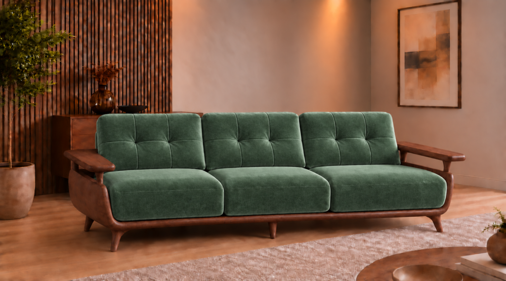 Front view of the Grand Turismo Dark Wood three-seater sofa in forest green Aston 921 patterned fabric, with rectangular backrest stitching, broad wooden armrests, curved side panels and tapered legs.