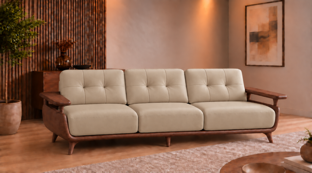 Front view of the Grand Turismo Dark Wood three-seater sofa with light beige leatherette cushions, rectangular backrest stitching, broad wooden armrests, curved side panels and tapered legs.