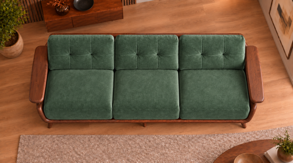 Overhead view of the Grand Turismo Dark Wood sofa in forest green Aston 921 patterned fabric, showing three equal seat cushions, rectangular backrest stitching, broad wooden armrests and a rounded frame.
