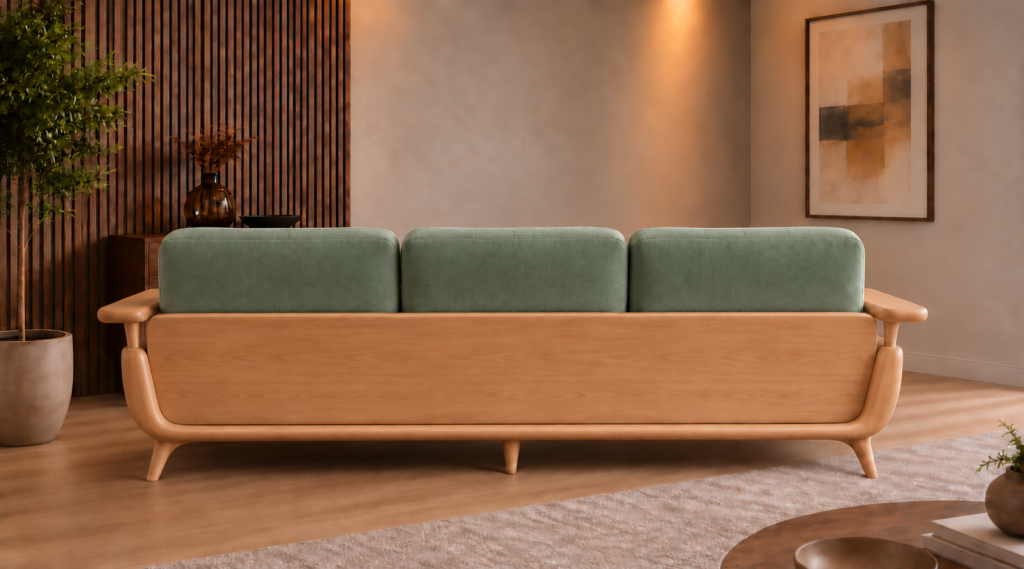 Rear view of the Grand Turismo sofa with three sage green Aston 922 fabric back cushions, a broad light wood panel, rounded armrests, curved lower frame and tapered legs.