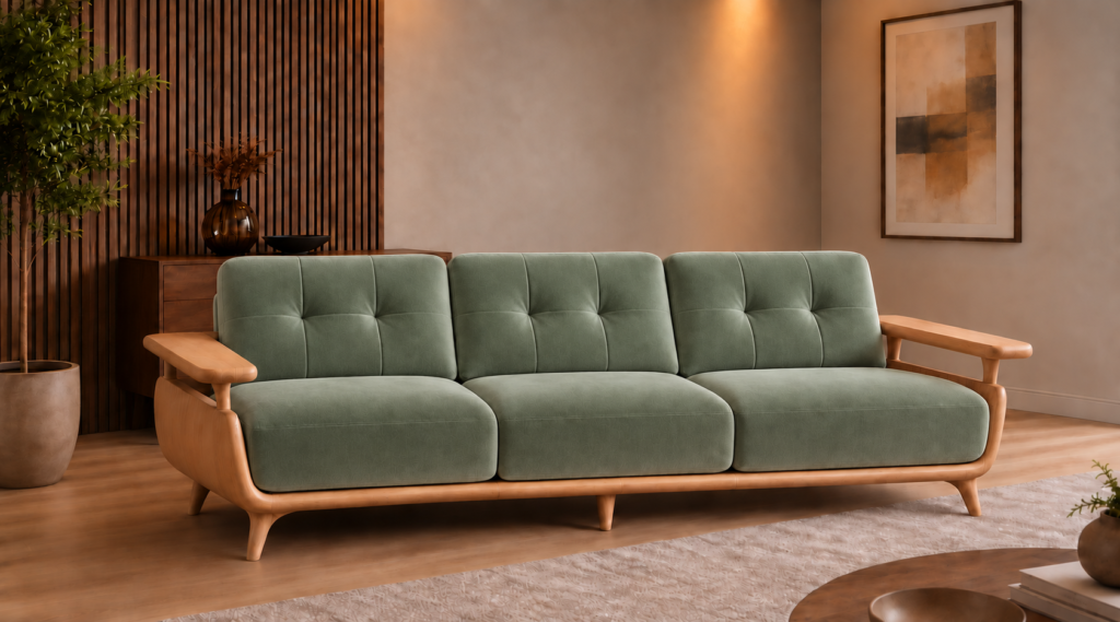 Front view of the Grand Turismo three-seater sofa in sage green patterned Aston 922 fabric, with stitched back cushions, broad wooden armrests, a rounded light wood frame and tapered legs.