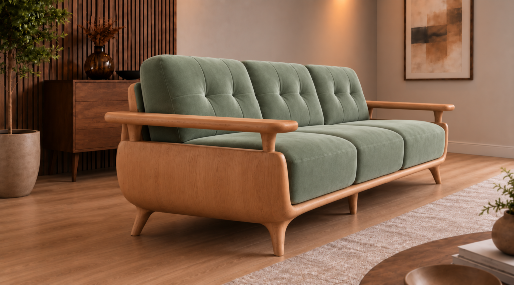 Angled side view of the Grand Turismo sofa in sage green Aston 922 fabric, with a curved wooden side panel, raised armrests, stitched back cushions and tapered legs.