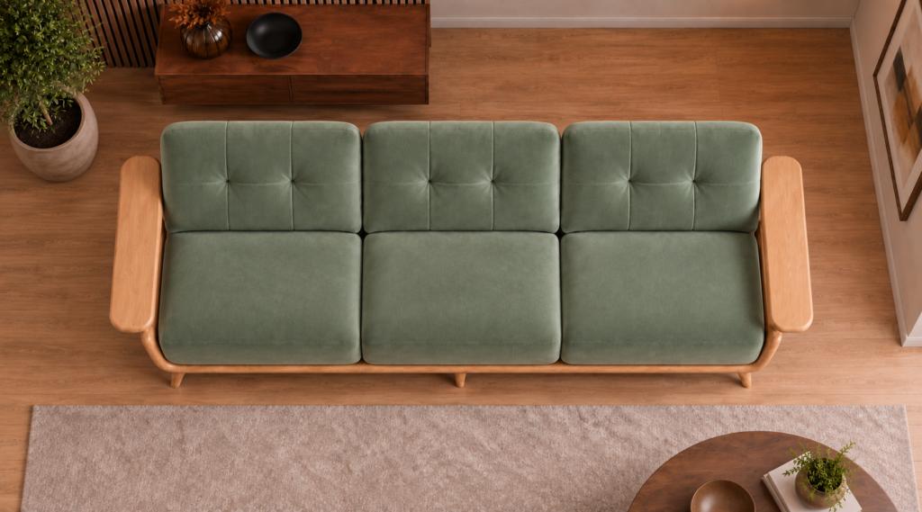 Overhead view of the Grand Turismo sofa in sage green Aston 922 patterned fabric, showing three separate seats, rectangular stitching on the back cushions and broad light wood armrests.
