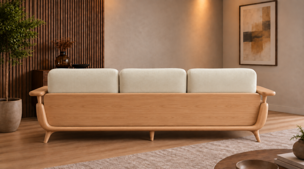 Rear view of the Grand Turismo sofa with three ivory Aston 902 fabric back cushions, a broad light wood rear panel, rounded armrests, curved frame and tapered legs.