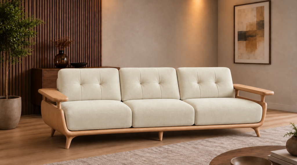 Front view of the Grand Turismo three-seater sofa in ivory Aston 902 fabric, with stitched back cushions, broad wooden armrests, a rounded light wood frame and tapered legs.