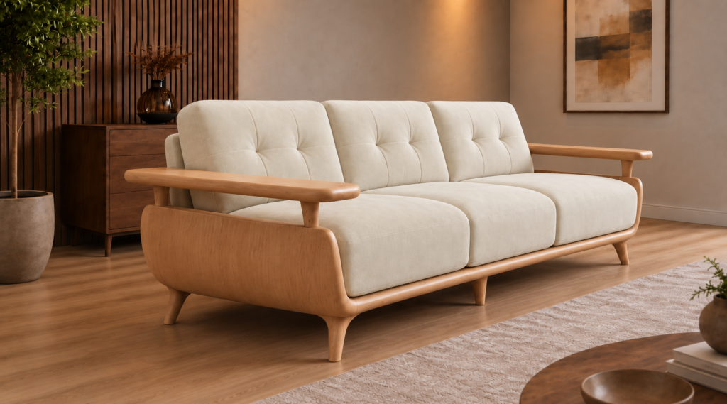Angled side view of the Grand Turismo sofa in ivory Aston 902 fabric, showing stitched back cushions, a curved light wood side panel, broad raised armrests, rounded base and tapered legs.