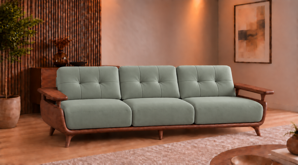Front view of the Grand Turismo Dark Wood three-seater sofa in grey-green Phantom 118 leatherette, with rectangular backrest stitching, broad wooden armrests, curved side panels and tapered legs.