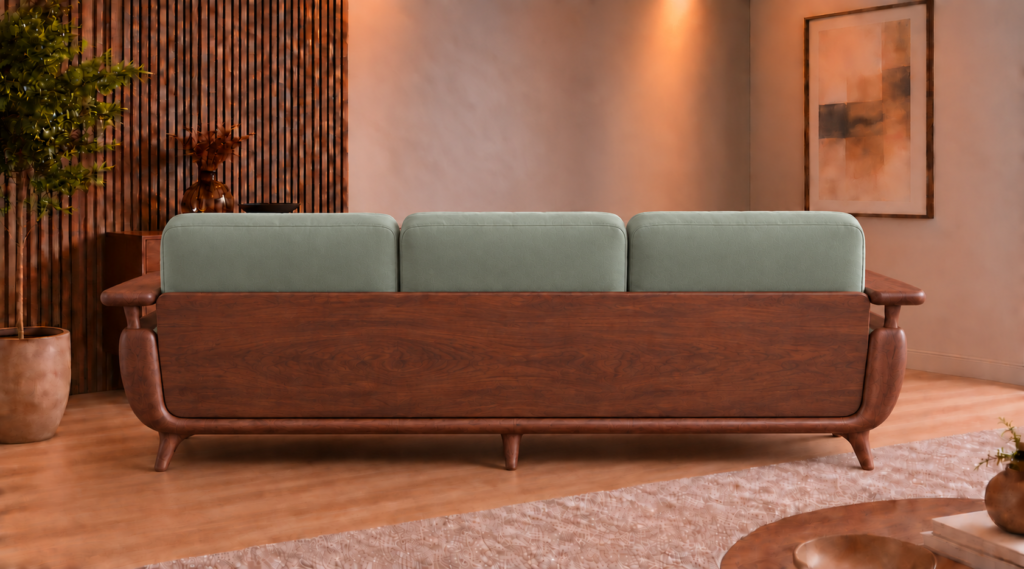 Rear view of the Grand Turismo Dark Wood sofa with three grey-green Phantom 118 leatherette back cushions, a broad wooden rear panel, rounded armrests, curved side supports and tapered legs.