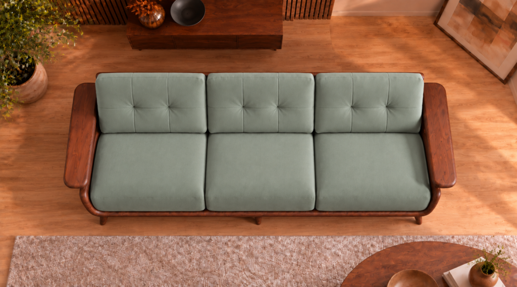 Overhead view of the Grand Turismo Dark Wood sofa in grey-green Phantom 118 leatherette, showing three equal seat cushions, rectangular backrest stitching, broad wooden armrests and a rounded dark brown frame.