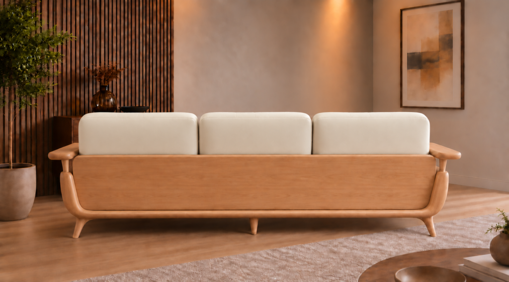 Rear view of the Grand Turismo sofa with three ivory Phantom 102 leatherette back cushions, a broad wooden back panel, rounded armrests, a light teak finish and tapered legs.