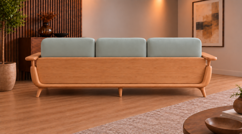 Rear view of the Grand Turismo sofa with three light grey-green Phantom 117 leatherette back cushions, a broad wooden back panel, rounded armrests and tapered legs in a light teak finish.