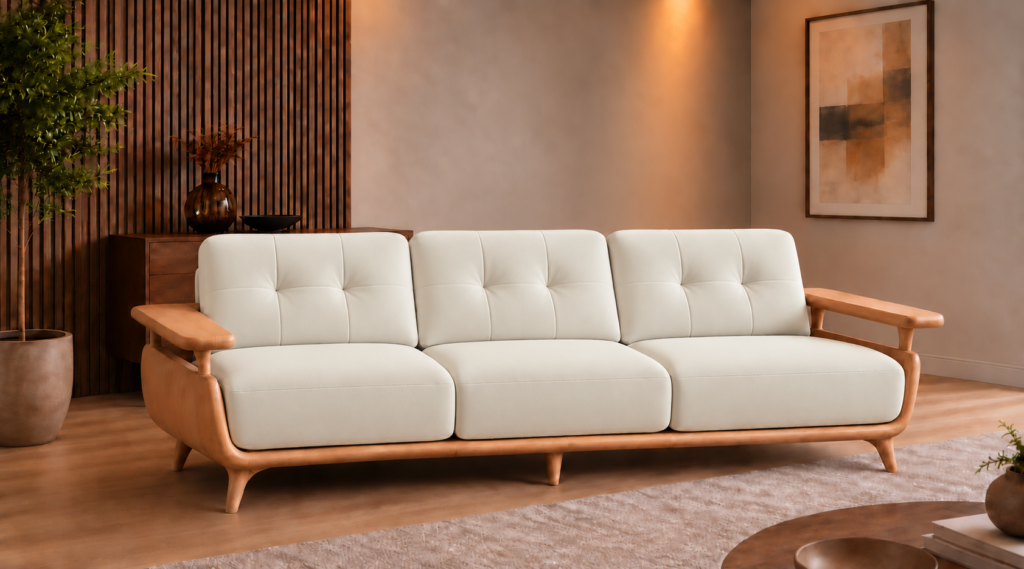 Front view of the Grand Turismo three-seater sofa in ivory Phantom 102 leatherette, featuring stitched back cushions, broad wooden armrests, curved side panels and a light wood frame with tapered legs.