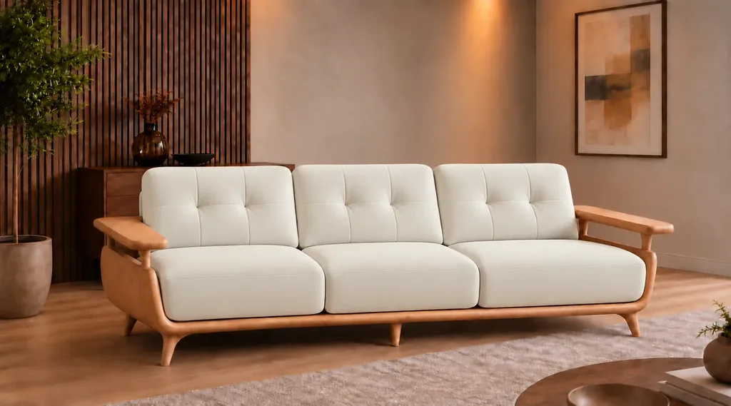 Front view of the Grand Turismo three-seater sofa in ivory Phantom 102 leatherette, featuring stitched back cushions, broad wooden armrests, curved side panels and a light wood frame with tapered legs.