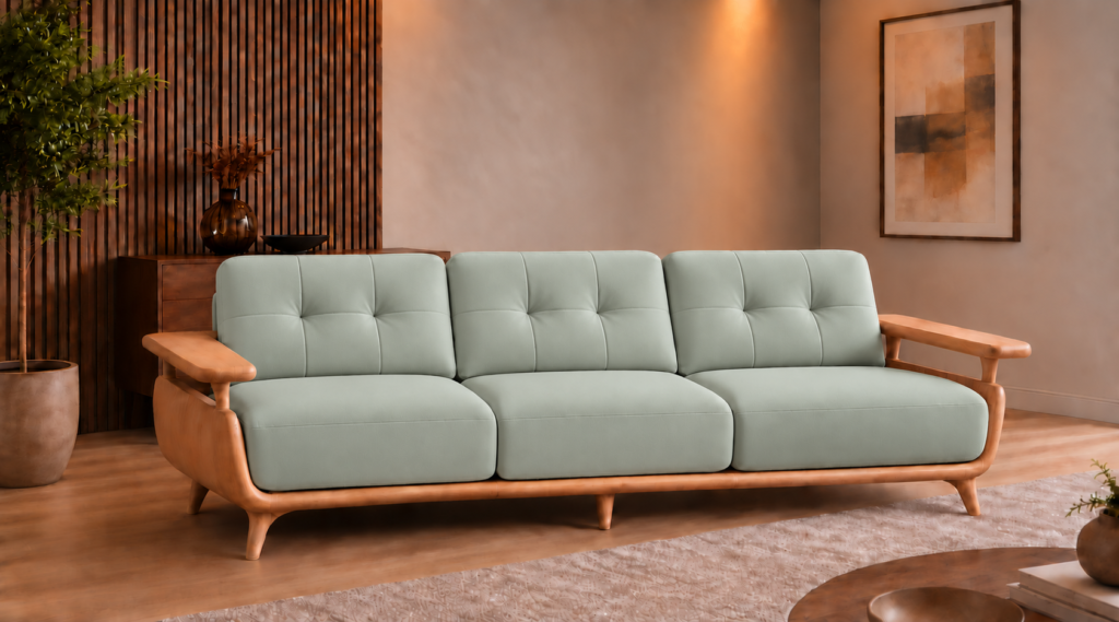 Front view of the Grand Turismo three-seater sofa in light grey-green Phantom 117 leatherette, with stitched back cushions, broad wooden armrests, curved side panels and a rounded base on tapered legs.