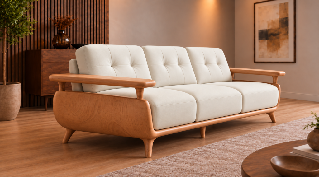 Angled side view of the Grand Turismo sofa in ivory Phantom 102 leatherette, showing a curved wooden side panel, raised armrest, stitched back cushions and tapered legs beneath a rounded base.