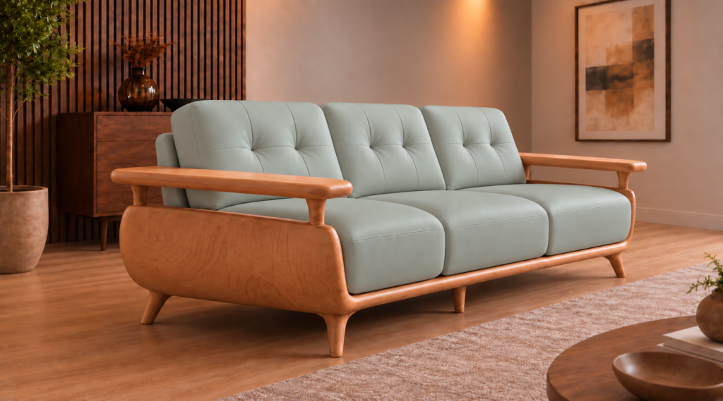 Front view of the Grand Turismo three-seater sofa in light grey-green Phantom 117 leatherette, with stitched back cushions, broad wooden armrests, curved side panels and a rounded base on tapered legs.
