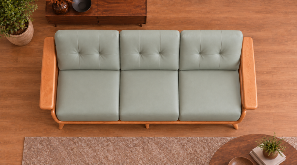 Front view of the Grand Turismo three-seater sofa in light grey-green Phantom 117 leatherette, with stitched back cushions, broad wooden armrests, curved side panels and a rounded base on tapered legs.