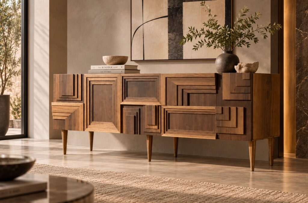 Angled view of the Labyrinth bar cabinet in a warm brown wood finish, showing stepped geometric front panels, a smooth right side with visible grain and slim tapered legs.