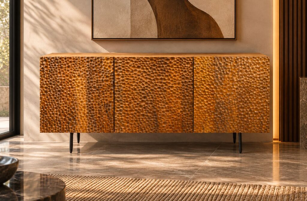 Front view of the Lunar Spec bar cabinet in a warm brown wood finish, with three deeply textured doors, a smooth rectangular top and slim dark tapered legs.