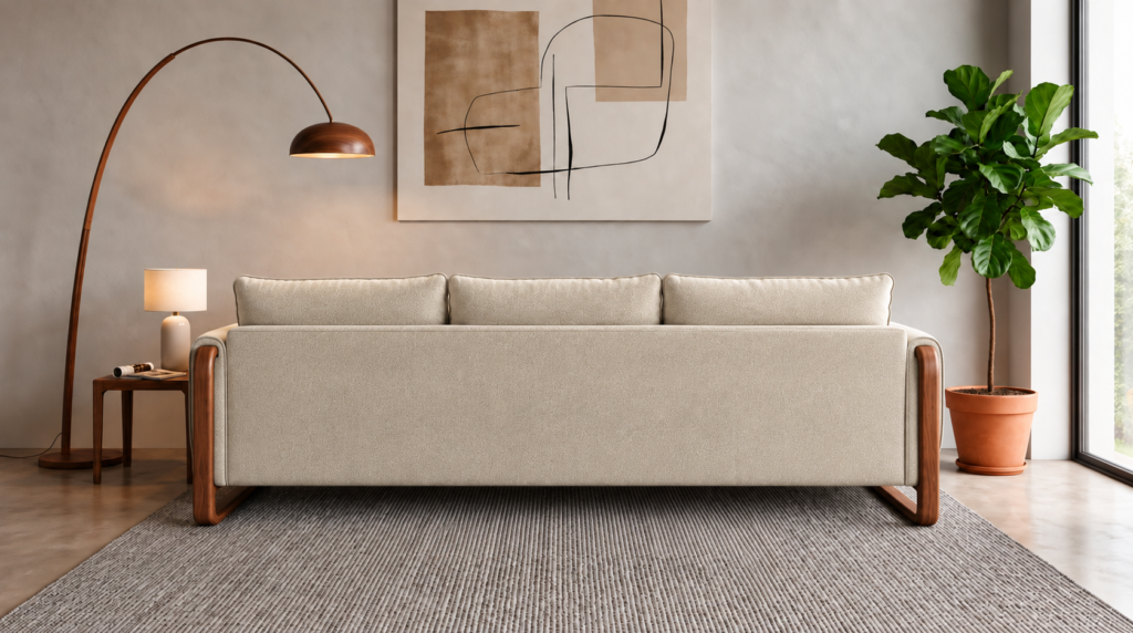 Rear view of the Madeira sofa in cream Amy 904 upholstery, showing a broad patterned back panel, three separate back cushions and rounded side frames in a warm teak finish.