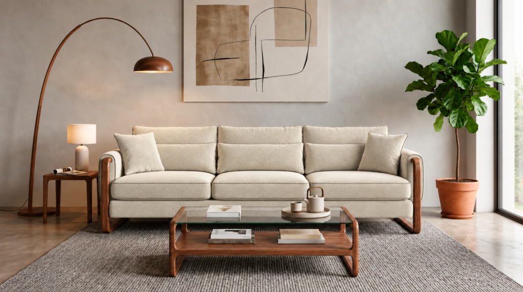 Front view of the Madeira three-seater sofa in cream patterned Amy 904 upholstery, with separate seat and back cushions, two side pillows, padded arms and rounded frames in a warm teak finish.
