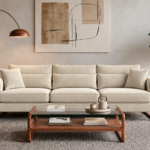 Front view of the Madeira three-seater sofa in cream patterned Amy 904 upholstery, with separate seat and back cushions, two side pillows, padded arms and rounded frames in a warm teak finish.
