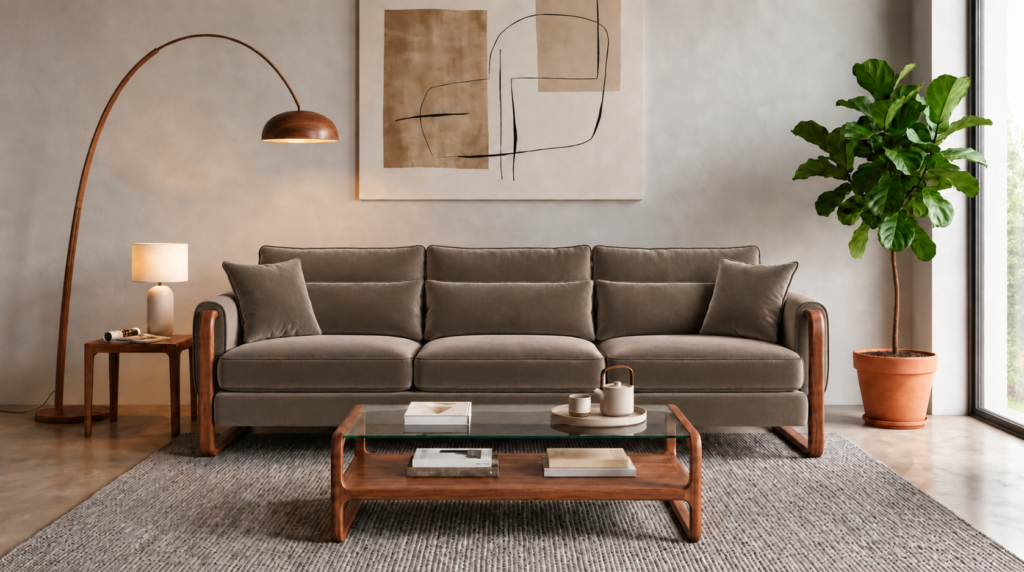 Front view of the Madeira three-seater sofa in taupe patterned Amy 908 upholstery, with three seat cushions, horizontally divided back cushions, two matching pillows and rounded side frames in a teak finish.