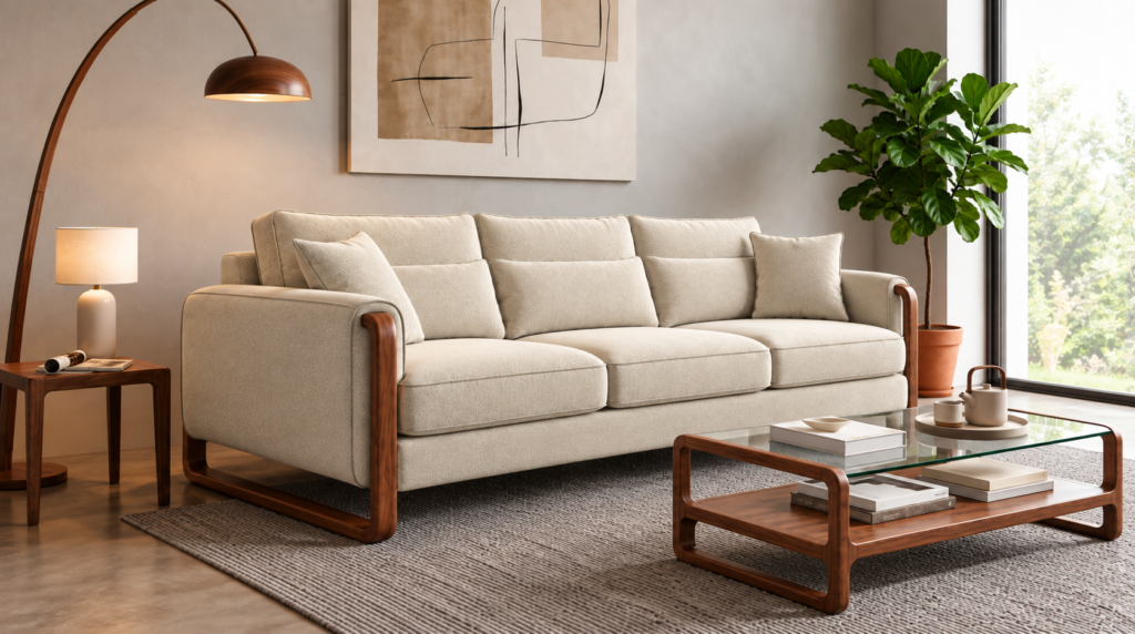 Angled side view of the Madeira sofa in cream patterned Amy 904 upholstery, showing three seat cushions, matching pillows, a padded side panel and a rounded loop frame in a teak finish.